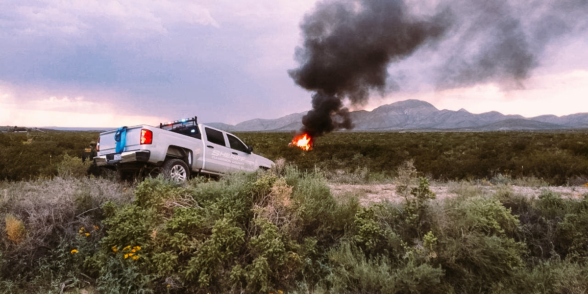 A high-speed chase came to a fiery end 54 miles north of Van Horn. Photo: Culberson County Sheriff's Office