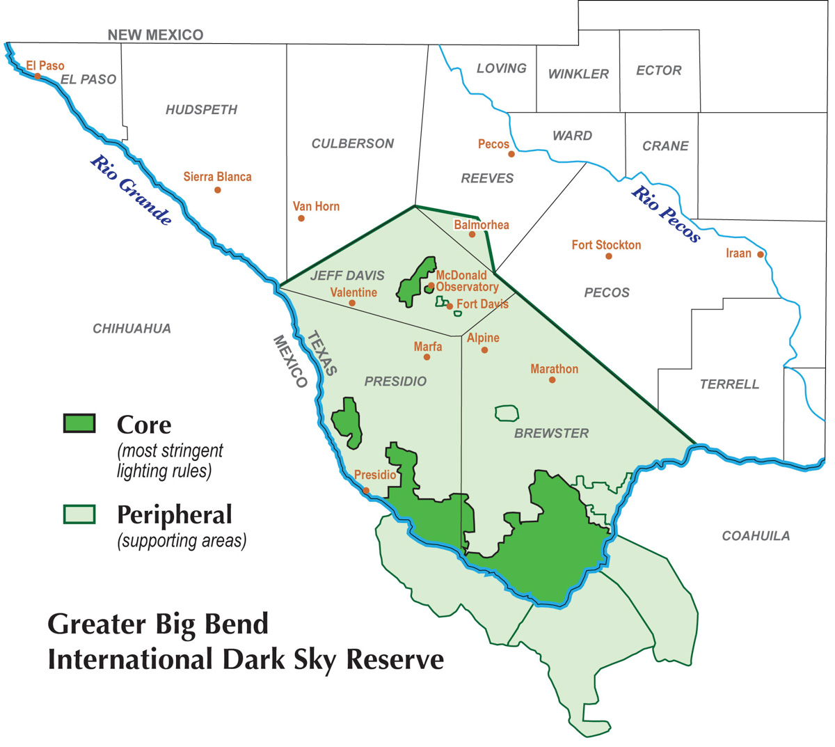 The Greater Big Bend International Dark Sky Reserve | McDonald Observatory is applying to the International Dark-Sky Association (IDA) to establish an International Dark Sky Reserve (DSR) in the Big Bend region of far West Texas and Northern Mexico. If completed, the reserve will encompass almost 10 million acres in land. Click the map for more information. 