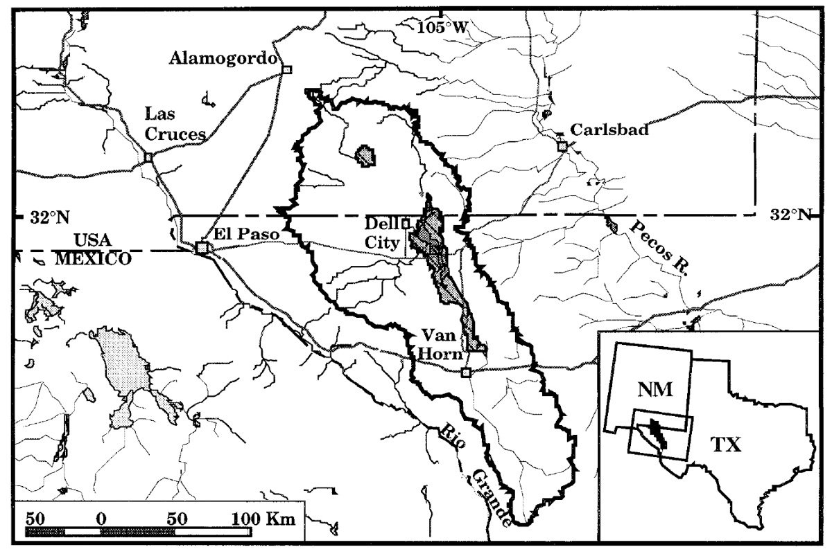 The diagram above shows the boundaries of West Texas' “closed basin,” while the dark section indicates the extent of Lake King, a vast Ice-Age lake.