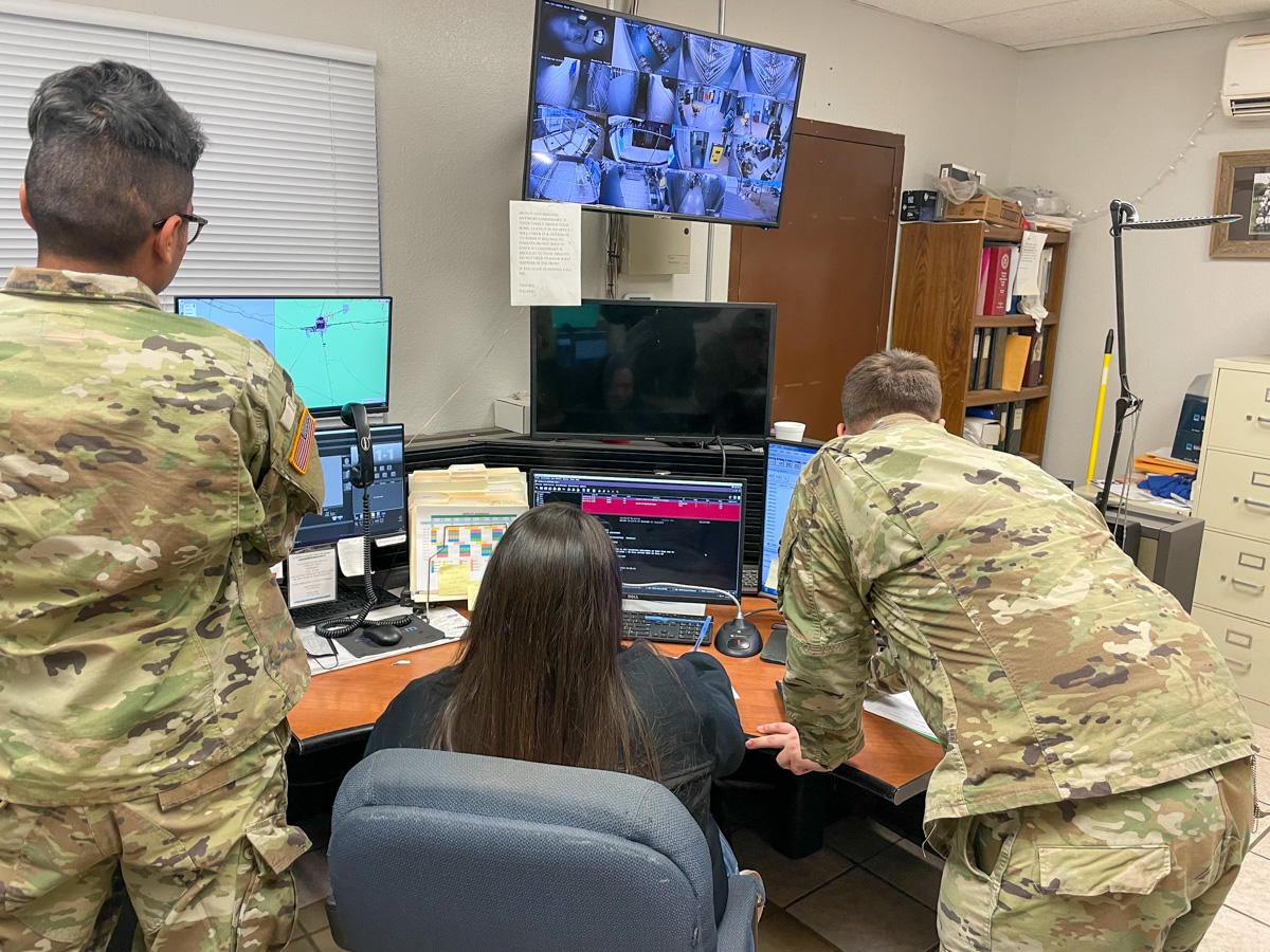 Texas National Guardsmen learn dispatch procedures. The National Guard assisted when a Covid outbreak at the Culberson County jail sent staff home for quarantine and eight Covid negative inmates to Sierra Blanca.