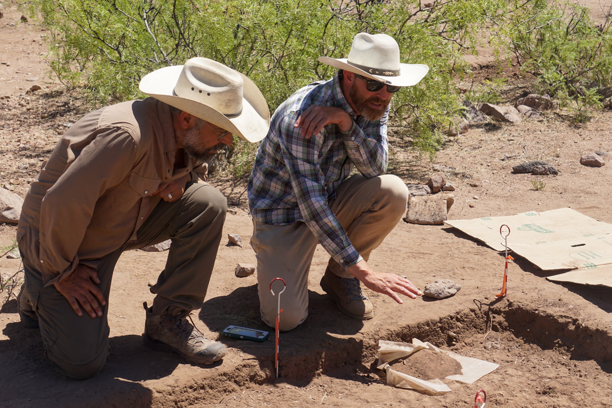 Photograph by Christopher Hillen. Near Paquime, in Chihuahua, Mexico, archeologist Mike Searcy, right, shows Nature Notes writer Andrew Stuart an excavated pithouse, which was occupied some 1,300 years ago.